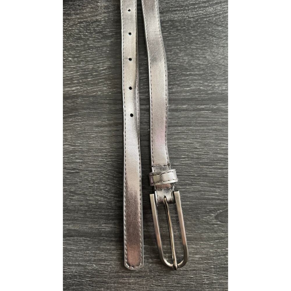 Womens Metallic Silver Grey Silver Tone Hardware Slim Belt L - Picture 2 of 5